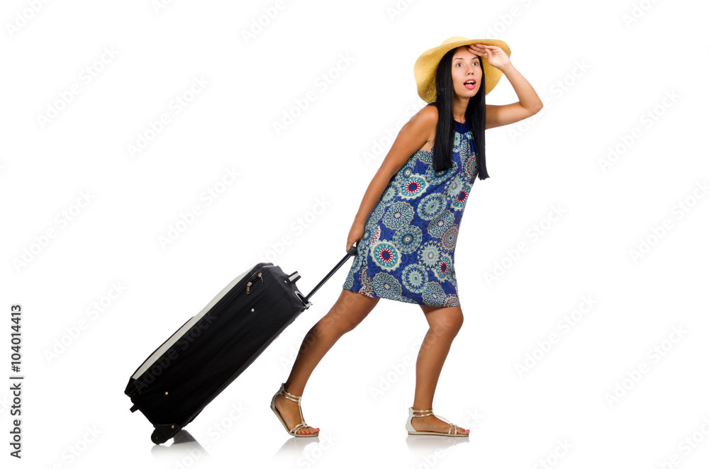 Woman with suitcase isolated on white Woman with suitcase isolated on white