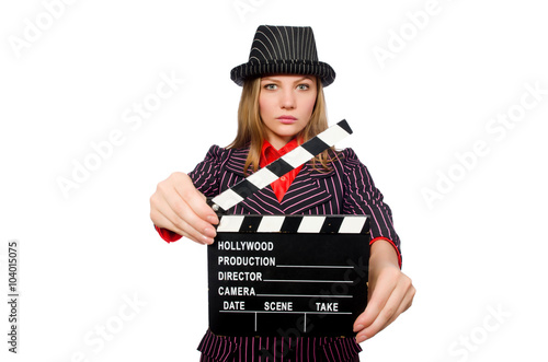 Woman with movie board isolated on the white
