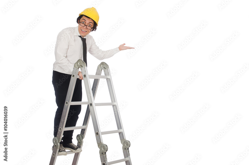 Construction worker in funny concept on white Construction worker in funny concept on white