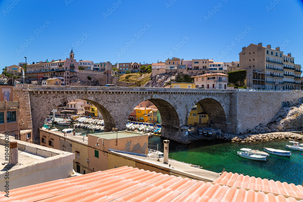 Marseille, France. Stone Bridge and the fishing port of Vallon des Auffes
