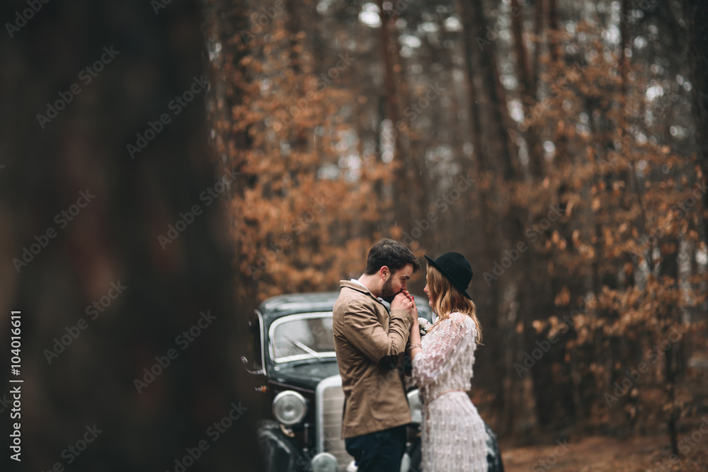 Romantic fairytale wedding couple kissing and embracing in pine forest near retro car. Romantic fairytale wedding couple kissing and embracing in pine forest near retro car.