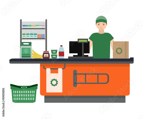 Supermarket store counter desk equipment and clerk in uniform ringing up grocery purchases. Flat style vector illustration isolated on white background