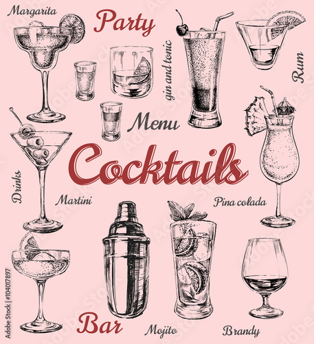 Set of sketch cocktails and alcohol drinks vector hand drawn illustration