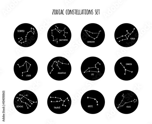 Full zodiac constellation signs set made of stars and lines