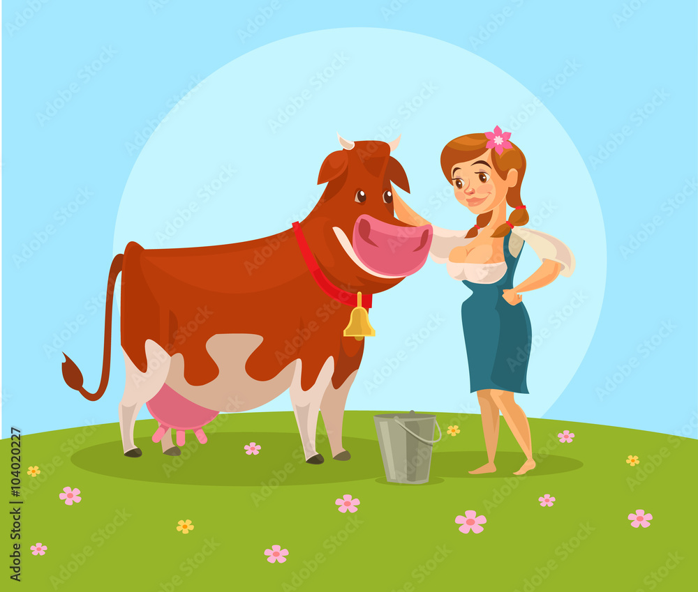 Fotografie Cow and milkmaid. Vector flat illustration