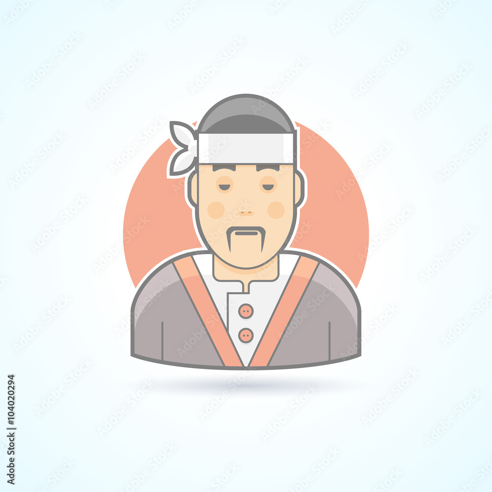 Japanese and asian cook, sushi master, traditional cuisine icon. Avatar and person illustration. Flat colored outlined style. Japanese and asian cook, sushi master, traditional cuisine icon. Avatar and person illustration. Flat colored outlined style.