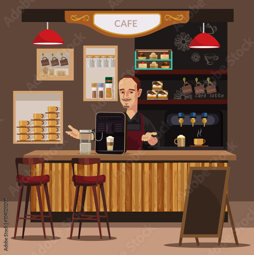 Coffee bar and barista. Vector flat illustration