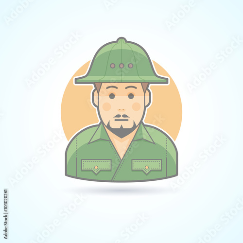 African explorer, safari man icon. Avatar and person illustration. Flat colored outlined style.