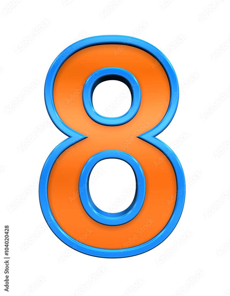 One digit from orange glass with blue frame alphabet set, isolated on white. Computer generated 3D photo rendering. One digit from orange glass with blue frame alphabet set, isolated on white. Computer generated 3D photo rendering.