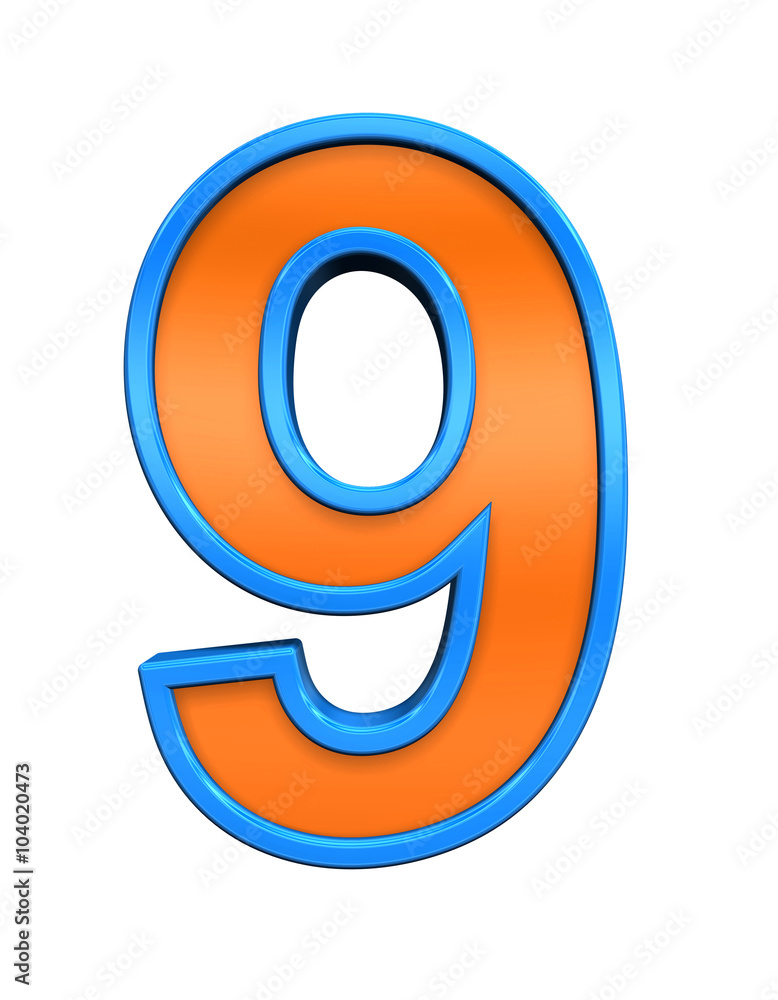 One digit from orange glass with blue frame alphabet set, isolated on white. Computer generated 3D photo rendering. One digit from orange glass with blue frame alphabet set, isolated on white. Computer generated 3D photo rendering.