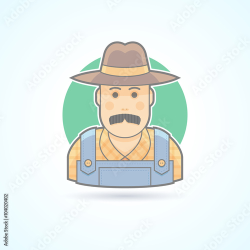 Farmer in an overalls and a hat,  village man icon. Avatar and person illustration. Flat colored outlined style.