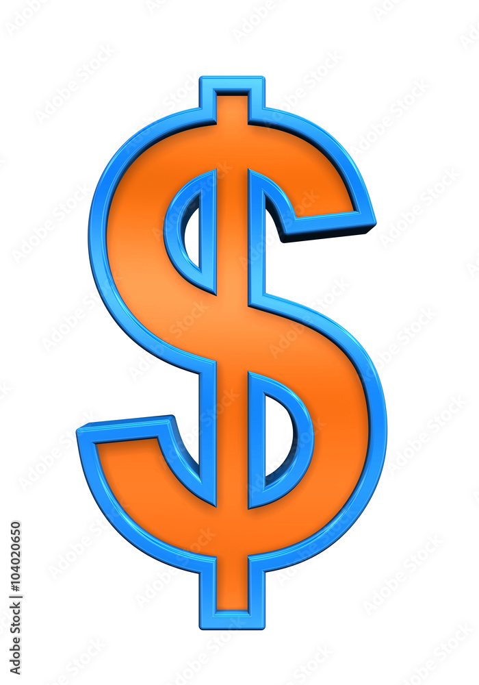 Dollar sign from orange glass with blue frame alphabet set, isolated on white. Computer generated 3D photo rendering. Dollar sign from orange glass with blue frame alphabet set, isolated on white. Computer generated 3D photo rendering.