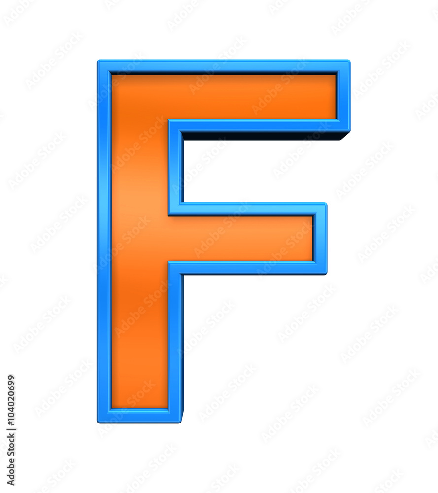 One letter from orange glass with blue frame alphabet set, isolated on white. Computer generated 3D photo rendering. One letter from orange glass with blue frame alphabet set, isolated on white. Computer generated 3D photo rendering.