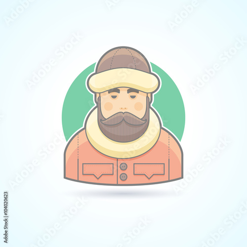Warm dressed man, polar explorer icon. Avatar and person illustration. Flat colored outlined style.