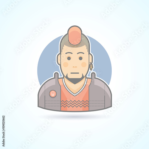 Punk music fan, iroquois man icon. Avatar and person illustration. Flat colored outlined style.