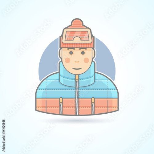 Warm dressed man, snowboarder, skier icon. Avatar and person illustration. Flat colored outlined style.