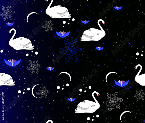 Seamless pattern with the swans, stars and flowers