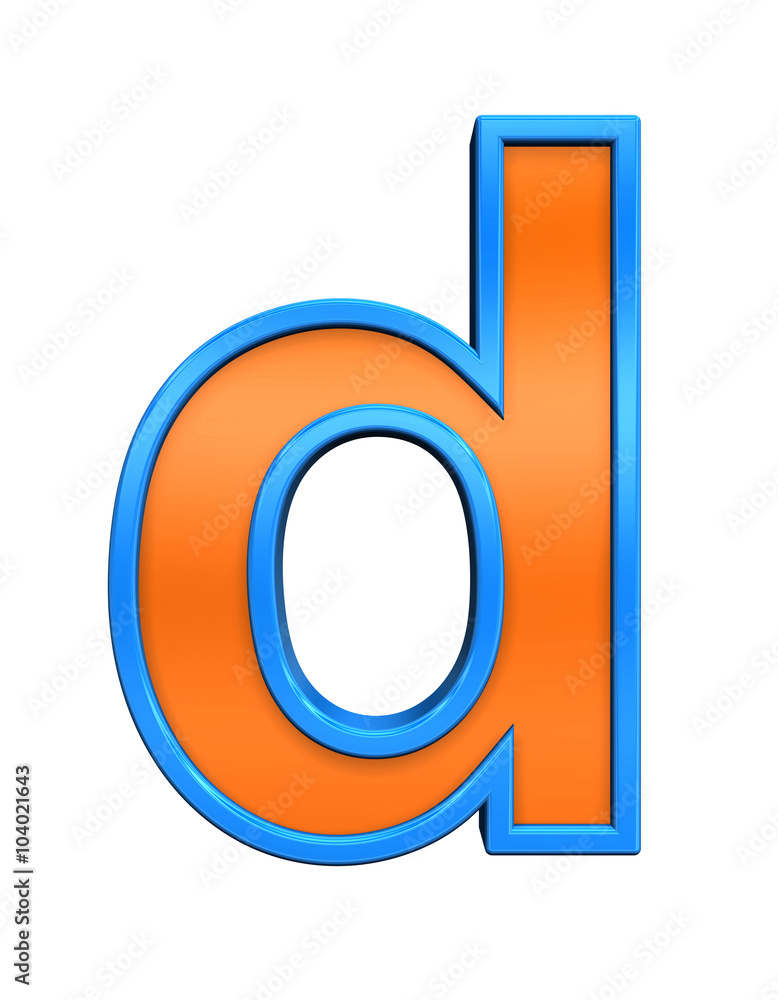 One lower case letter from orange glass with blue frame alphabet set, isolated on white. Computer generated 3D photo rendering. One lower case letter from orange glass with blue frame alphabet set, isolated on white. Computer generated 3D photo rendering.