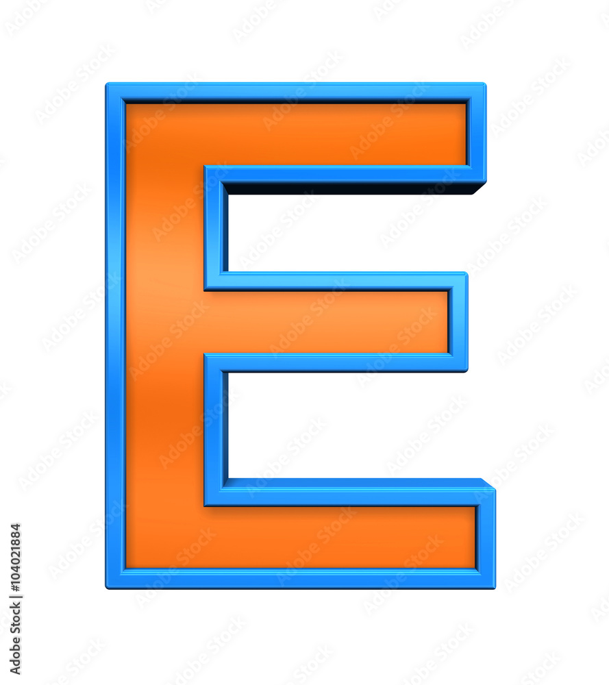 One letter from orange glass with blue frame alphabet set, isolated on white. Computer generated 3D photo rendering. One letter from orange glass with blue frame alphabet set, isolated on white. Computer generated 3D photo rendering.