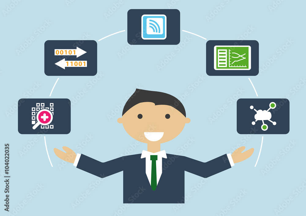 People at work: Internet of things (IOT) IT expert job profile visualized by person multitasking various activities People at work: Internet of things (IOT) IT expert job profile visualized by person multitasking various activities