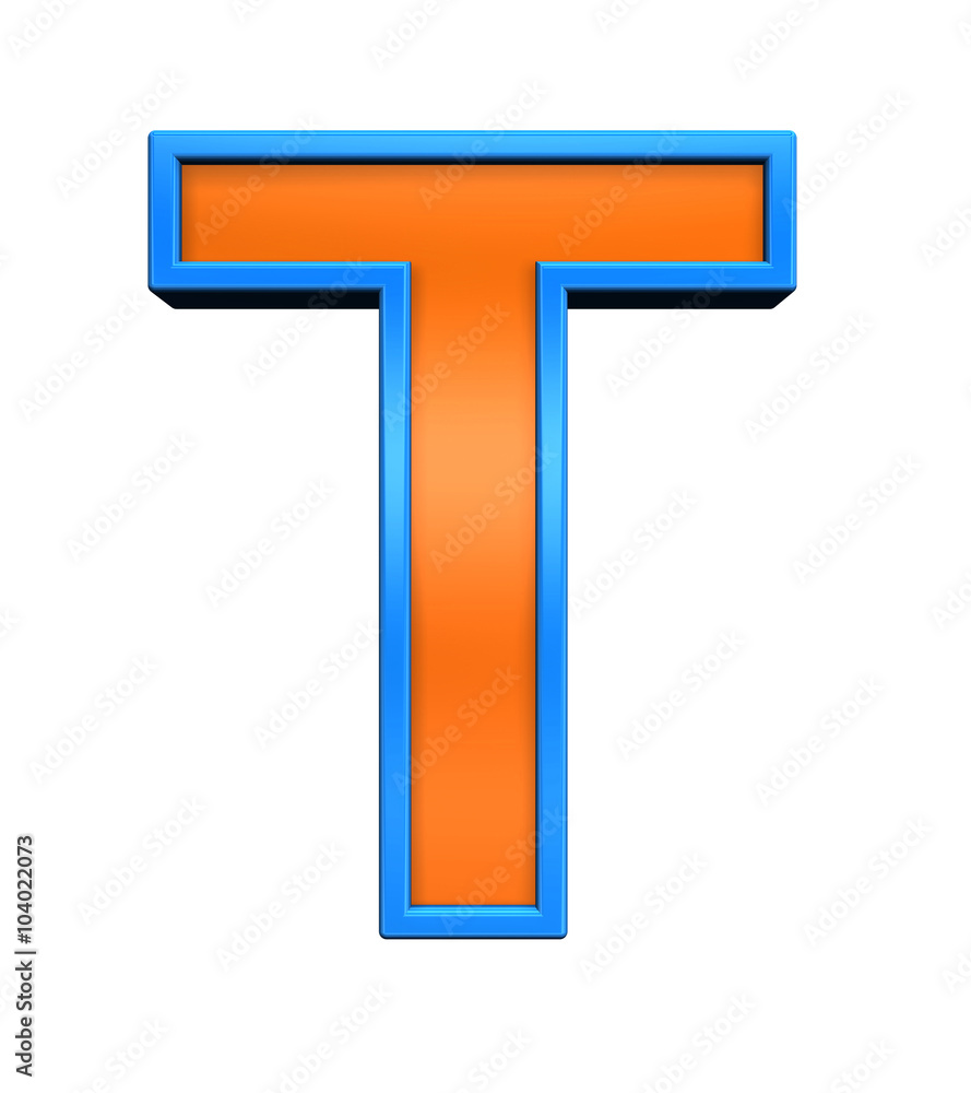 One letter from orange glass with blue frame alphabet set, isolated on white. Computer generated 3D photo rendering. One letter from orange glass with blue frame alphabet set, isolated on white. Computer generated 3D photo rendering.