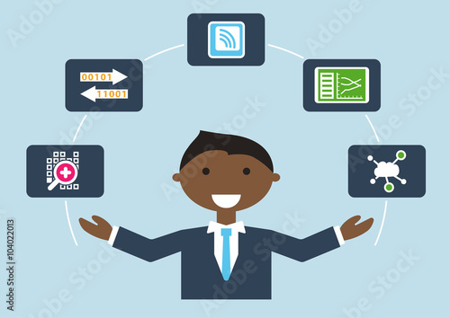 People at work: Internet of things (IOT) IT expert job profile visualized by person multitasking various activities