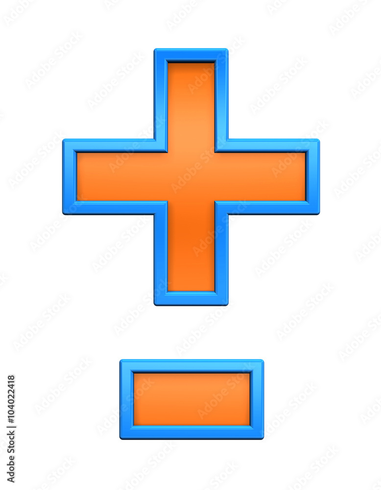 Hyphen, minus, plus marks from orange glass with blue frame alphabet set, isolated on white. Computer generated 3D photo rendering. Hyphen, minus, plus marks from orange glass with blue frame alphabet set, isolated on white. Computer generated 3D photo rendering.