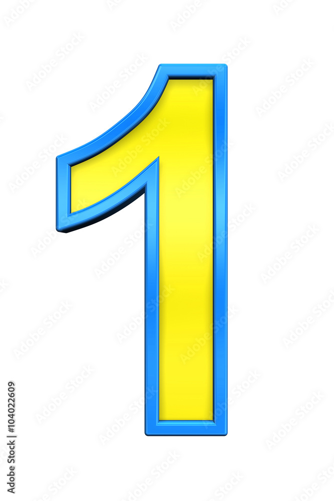 One digit from yellow glass with blue frame alphabet set, isolated on white. Computer generated 3D photo rendering. One digit from yellow glass with blue frame alphabet set, isolated on white. Computer generated 3D photo rendering.