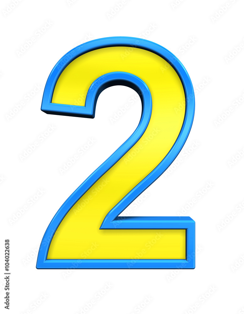One digit from yellow glass with blue frame alphabet set, isolated on white. Computer generated 3D photo rendering. One digit from yellow glass with blue frame alphabet set, isolated on white. Computer generated 3D photo rendering.
