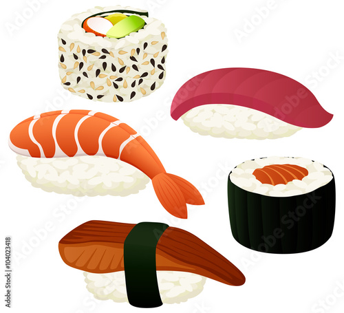 Vector illustration of a variety of sushi.