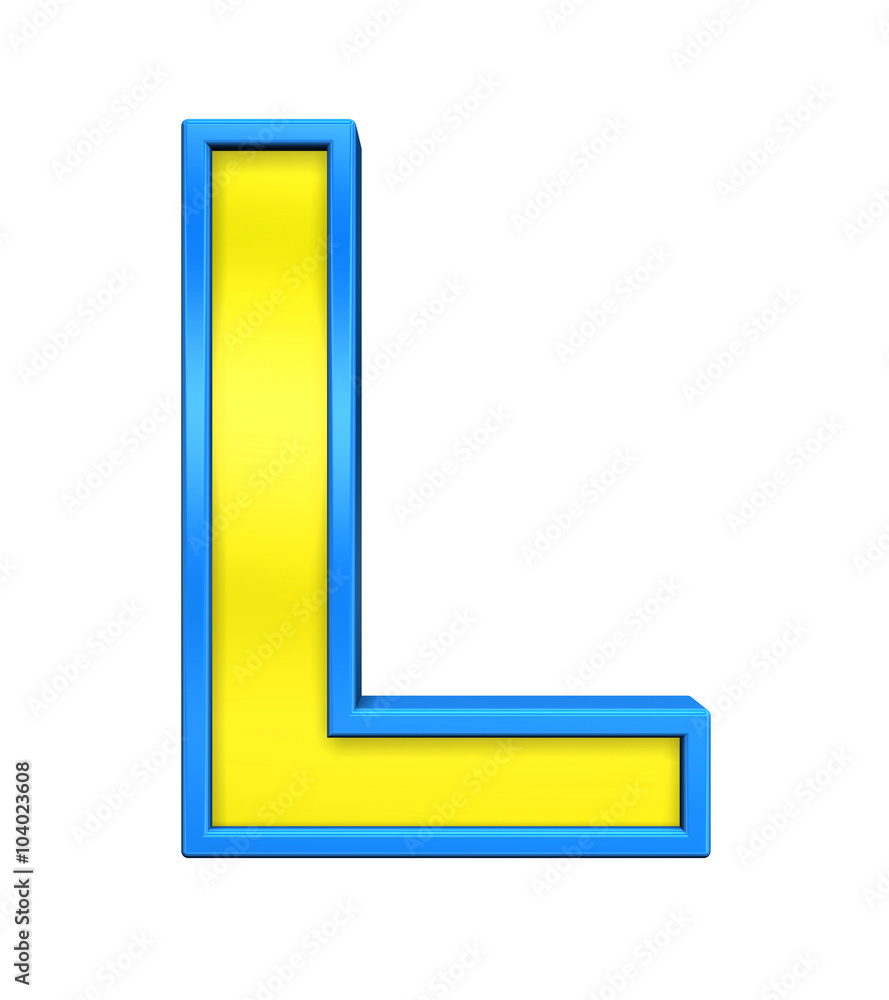 One letter from yellow glass with blue frame alphabet set, isolated on white. Computer generated 3D photo rendering. One letter from yellow glass with blue frame alphabet set, isolated on white. Computer generated 3D photo rendering.