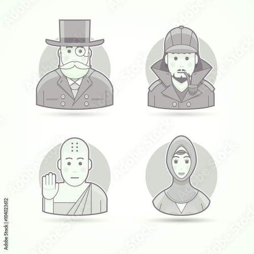 Bankir, money bag, detective Sherlock Holmes, Buddhistic monk, Islamic woman. Set of character, avatar and person vector illustrations. Flat black and white outlined style.