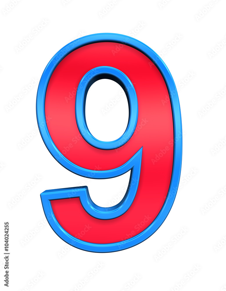 One digit from red glass with blue frame alphabet set, isolated on white. Computer generated 3D photo rendering. One digit from red glass with blue frame alphabet set, isolated on white. Computer generated 3D photo rendering.