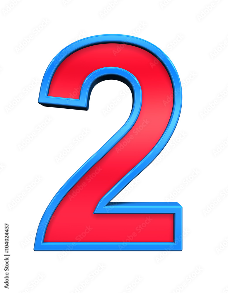One digit from red glass with blue frame alphabet set, isolated on white. Computer generated 3D photo rendering. One digit from red glass with blue frame alphabet set, isolated on white. Computer generated 3D photo rendering.