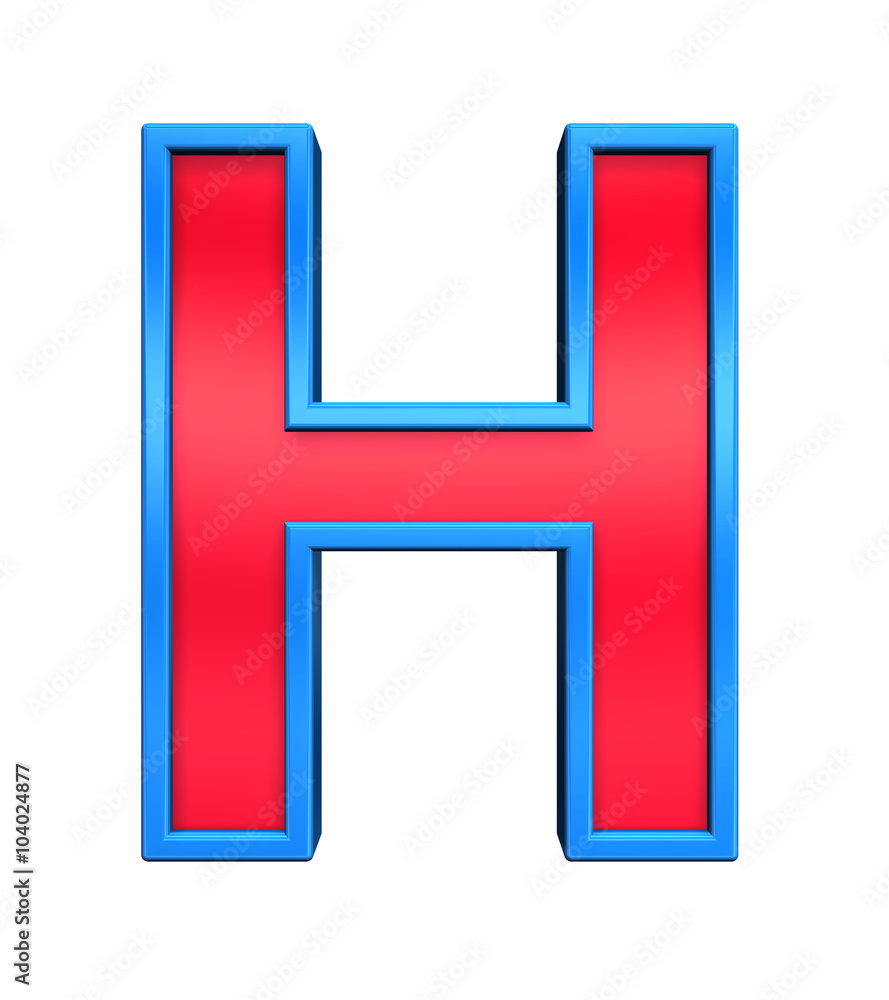 One letter from red glass with blue frame alphabet set, isolated on white. Computer generated 3D photo rendering. One letter from red glass with blue frame alphabet set, isolated on white. Computer generated 3D photo rendering.