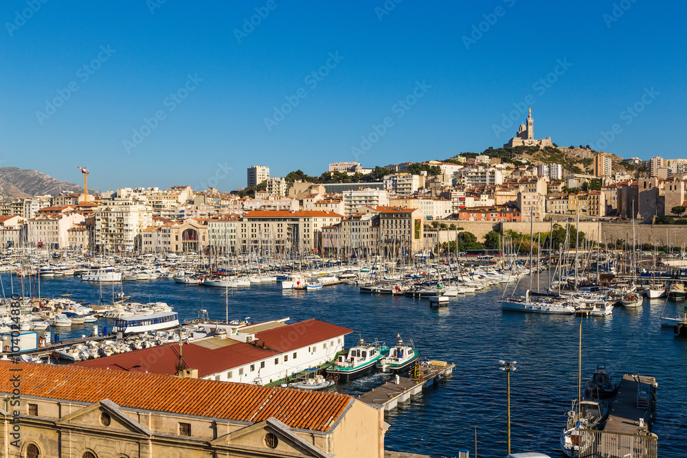 Marseille. Old Port and the Basilica of Notre-Dame de la Garde