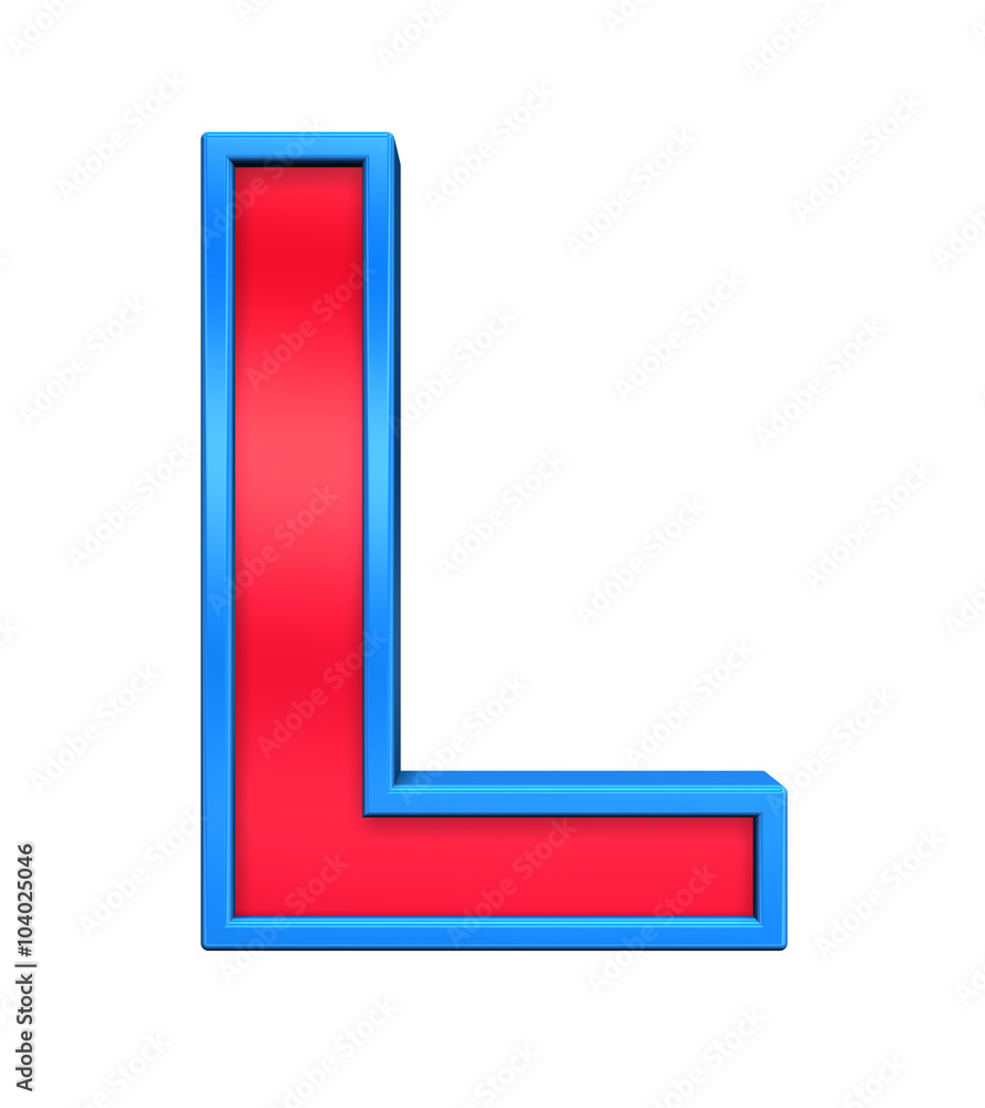 One letter from red glass with blue frame alphabet set, isolated on white. Computer generated 3D photo rendering. One letter from red glass with blue frame alphabet set, isolated on white. Computer generated 3D photo rendering.