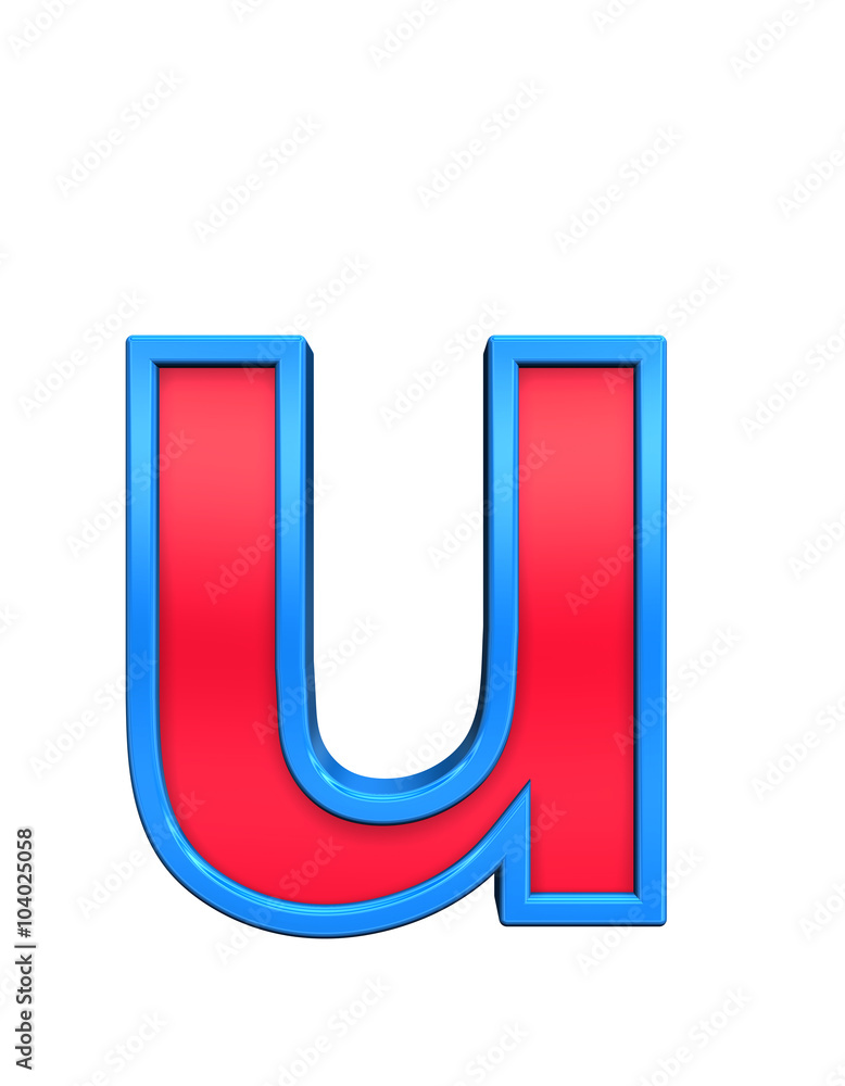 One lower case letter from red glass with blue frame alphabet set, isolated on white. Computer generated 3D photo rendering. One lower case letter from red glass with blue frame alphabet set, isolated on white. Computer generated 3D photo rendering.