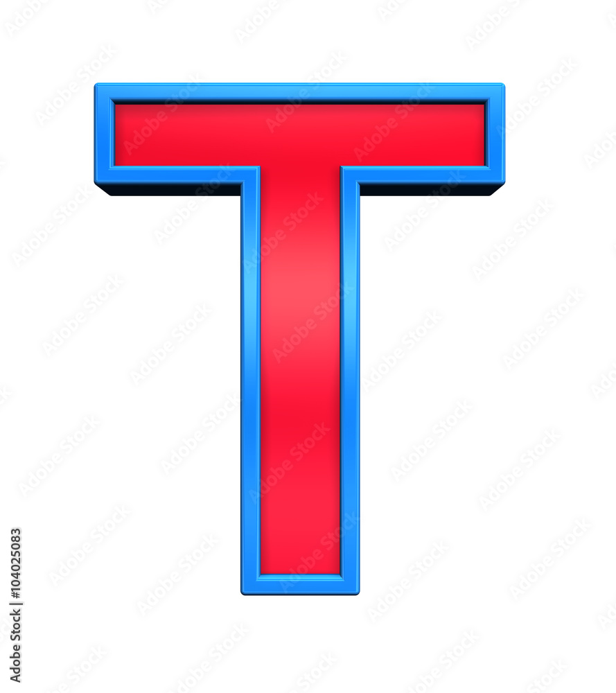 One letter from red glass with blue frame alphabet set, isolated on white. Computer generated 3D photo rendering. One letter from red glass with blue frame alphabet set, isolated on white. Computer generated 3D photo rendering.