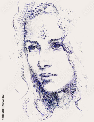 Drawing portrait Young woman with ornament on face, computer collage.