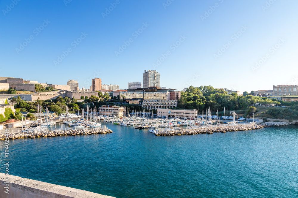 Marseille. Yacht harbor in the Old Port and Fort  of Saint Nicholas