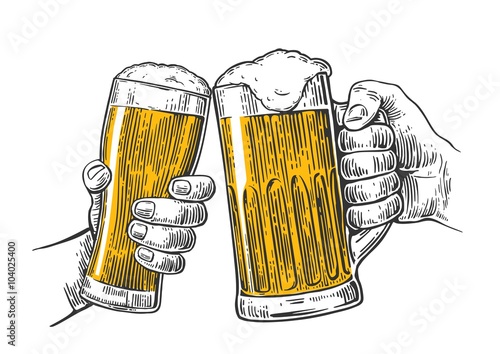 Two hands holding and clinking with two beer glasses mug. Hand drawn design element. Vintage vector engraving illustration for web, poster, invitation to beer party. Isolated on white background.