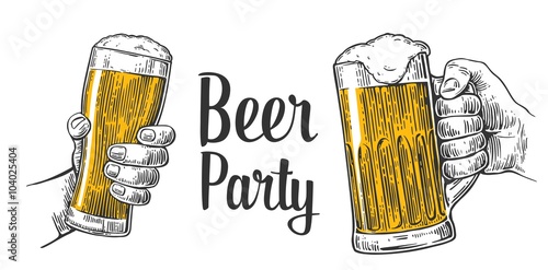 Two hands holding beer glasses mug. Hand drawn design element. Vintage vector engraving illustration for web, poster, invitation to beer party. Isolated on white background.