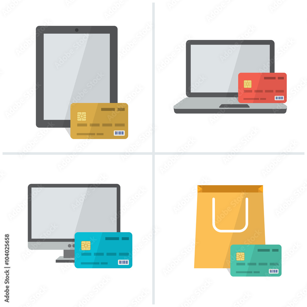 Icons online purchases in flat style. devices and bank card. Icons online purchases in flat style. devices and bank card.