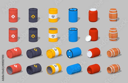 Set of the metal, plastic and wooden barrels. 3D lowpoly isometric vector illustration. The set of objects isolated against the grey background and shown from different sides