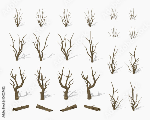 Dried dead trees. 3D lowpoly isometric vector illustration. The set of objects isolated against the white background and shown from different sides