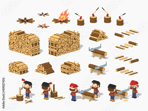 Firewood harvesting by lumberjacks. 3D lowpoly isometric vector illustration. The set of objects isolated against the white background and shown from different sides