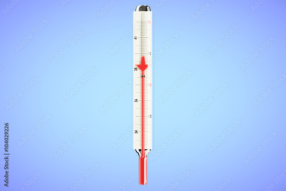 Reduced temperature with red arrow in thermometer at bue backgro Reduced temperature with red arrow in thermometer at bue backgro