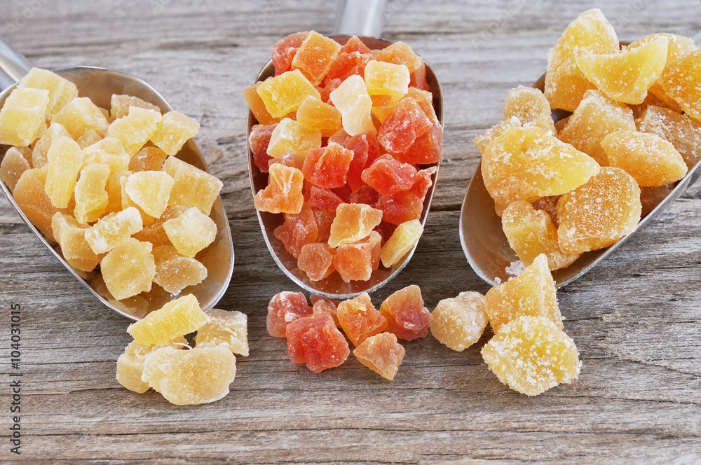Dried ginger. Dried mango. Dried pineapple. Dried fruits