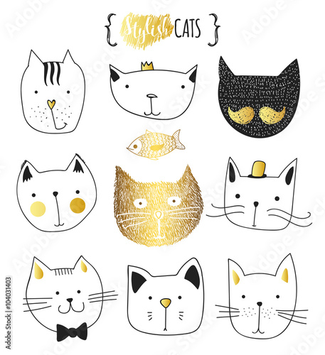 Fototapeta Naklejka Na Ścianę i Meble -  Cats, set of cute doodle. Sketch character handmade to Print T-shirts. Kids animals. Funny stylish muzzle isolated Pets